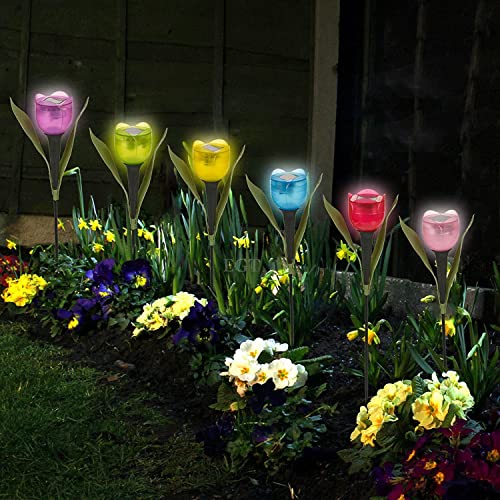 Lot de 6 tulipes solaires de jardin en forme de tulipes - Lampes solaires décoratives à LED - Étanche - Multicolore - Pour jardin, terrasse, jardin, pelouse