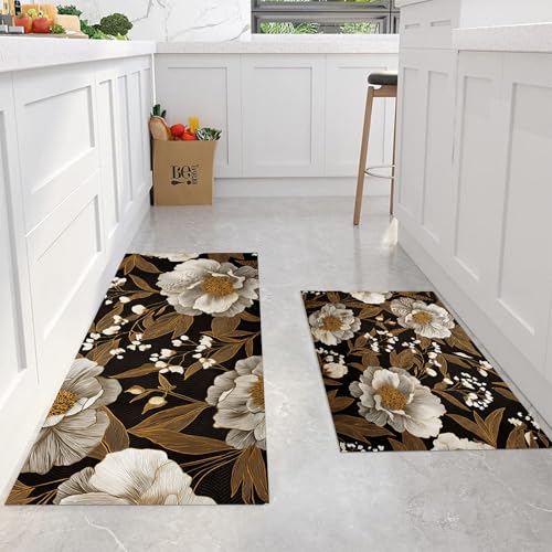 Alfombras de cocina de peonías pintadas a mano JEDTAKCT con acabado bronce medieval de lujo 5