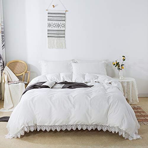 Softta Boho Twin XL Size White Lace Bedding Collection Ruffled Vintage 3pc Duvet Cover Set 100% Wahed Cotton Princess Grils Bedding Sets