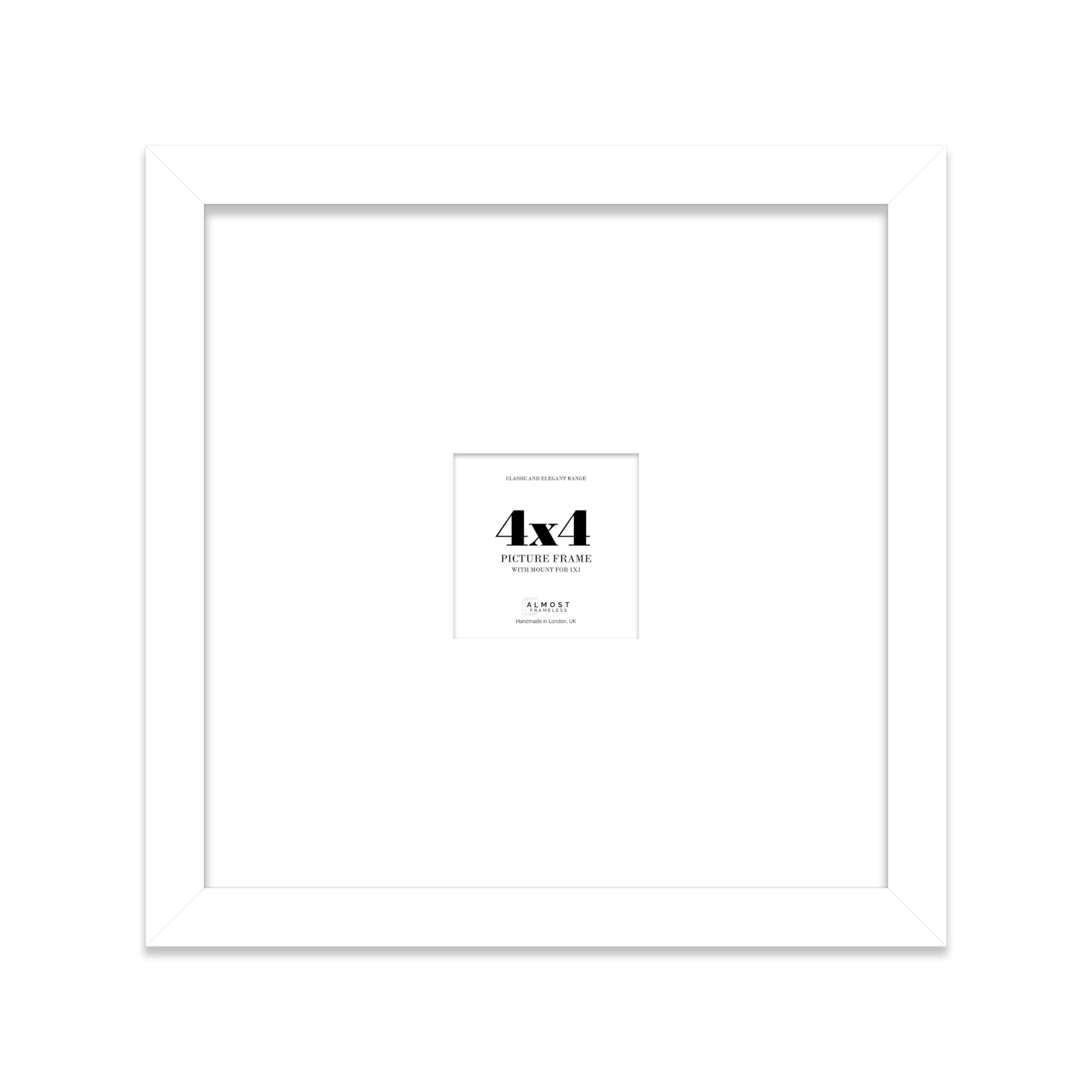 Almost Frameless 4x4 Square Picture Frame, Display Pictures 1x1 With Mat or 4x4 Without Mat, Wall Hanging & Free Standing Photo Frame, White, 1 Pack