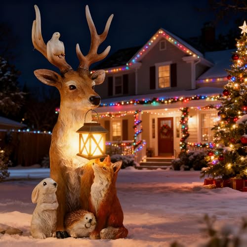 Weihnachtsdeko Hirsch Mit LED Laterne,Gartenfigur,Gartendeko...
