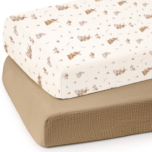 Image of lulumoon Baby Muslin Crib Sheets: Soft & Breathable Fitted Crib Sheets for Boys and Girls - Khaki Bunny Sheets for Standard Crib 2Pack