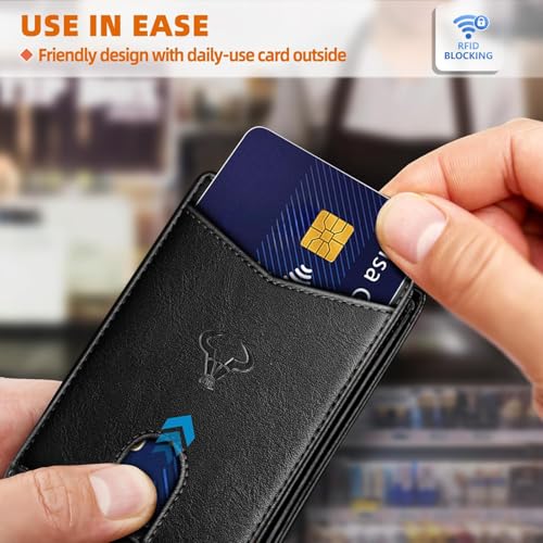 Image of Contacts Slim RFID Blocking Leather Wallet for Men - Minimalist Bifold Card Holder with 11 Slots, ID Window & Cash Pocket - Front Pocket Wallet Gift for Daily Use & Travel (Black)