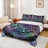 Picture of Sun Moon Bed Sheets Zodiac Astrology Bedding Set Queen Constellations Galaxy Sheet Set Spiritual Gifts for Girls Teens Women,Trippy Leo Aquarius Fitted Sheet Purple Blue Flat Sheet + 2 Pillow Cases