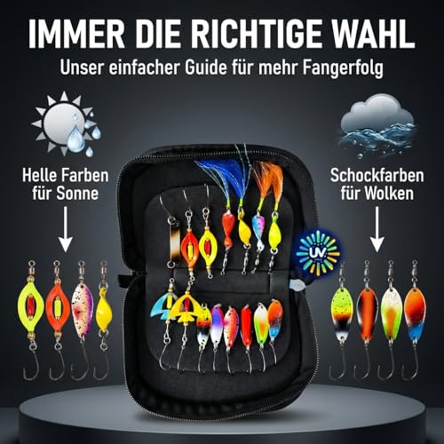 Neu Alle Forellen Köder Neuheiten 2025 in Einer Spoon Tasche | Forellen Set 15 Spoons Forelle 2g, 3g, 3,5g, 4g | Uv-Aktive Forellenköder für jedes Wetter und Wasser | Angelzubehör Trout Spoon Angeln