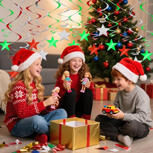 Image of BEISHIDA Red Green Silver Star Hanging Swirl Christmas Decorations Ceiling Hanging Party Supplies for Christmas Birthday Wedding Decorations, Pack of 15