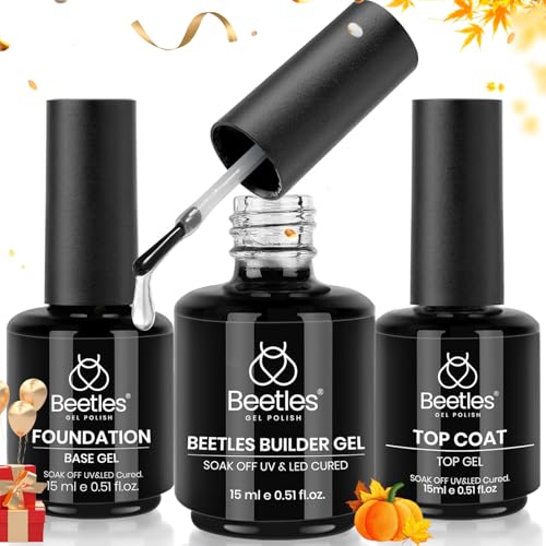 Beetles 3Pcs 15ml Builder Nail Gel with No Wipe Top Coat Gel Nail Polish and Base Coat Halloween Set for Nails Shine Finish and Long Lasting Nail Protection Gift for Women
