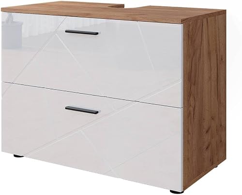 Meuble sous Vasque Simple Irma Blanc Brillant/Chêne doré 8 Vicco