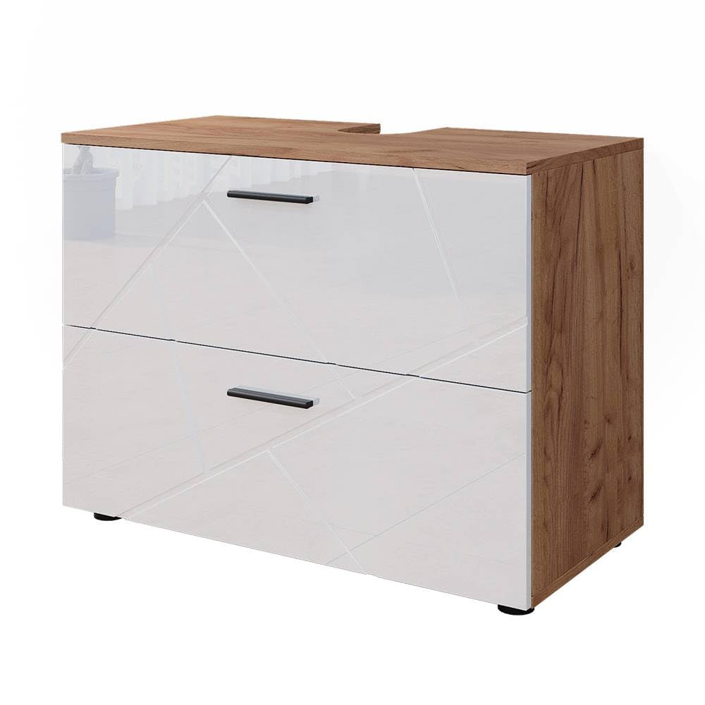 Vicco Mobile sottolavabo per bagno Irma Bianco lucido/Rovere 80x58.6 cm | adatto per l'installazione sopra il sifone con aperture di aerazione