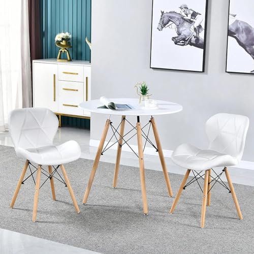 Dream Furnishing - Set of 1 Round Table and 2 Faux Leather Chairs for Cafe, Office, Hotel, Home, Living Room, Dining Room, Bedroom (White)