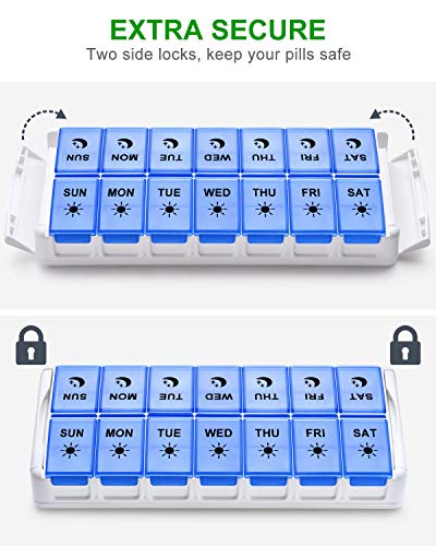 Image of Weekly Pill Organizer 7 Day 2 Times a Day Extra Large, Quick Fill 2020 Fullicon AM PM XL Daily Pill Cases Pill Box with Detachable Base - White /Blue (Patent Registered) (Pack of 2)