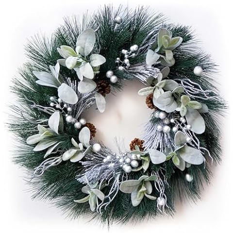 Winter Wreaths for Front Door, Soomeir 24 Inch Silver Winter Door Wreath with White Flowers, All Year Round Spring Summer Door Wreath for Indoor Outdoor Decor Christmas Cover