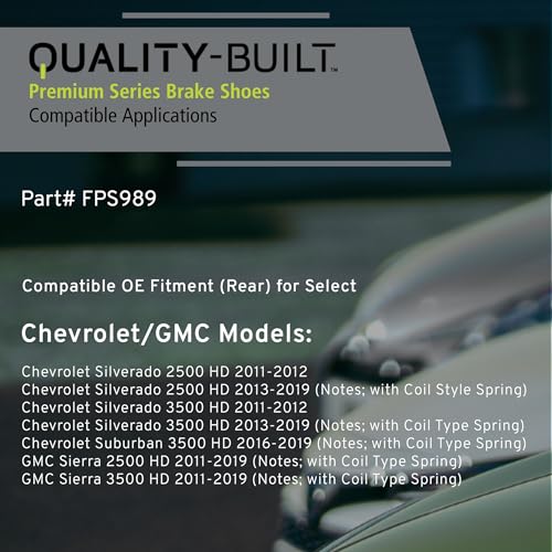 Image of QUALITY-BUILT Rear Parking Brake Shoes, FPS989, Compatible with 2011-2019 Chevrolet /GMC (Sierra 2500 HD,Sierra 3500 HD,Silverado 2500 HD,Silverado 3500 HD,Suburban 3500 HD)