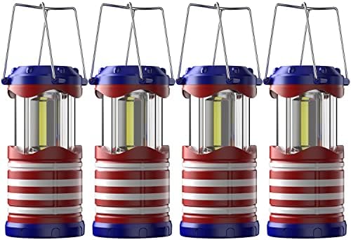 Lichamp 4 Pack LED Camping Lanterns American Flag, Battery Powered Camping Lights COB Super Bright Collapsible Flashlight Portable Emergency Supplies Kit, I4AF