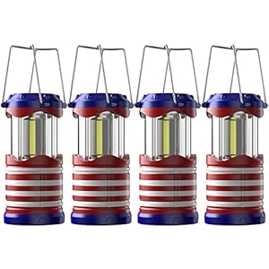 Lichamp 4 Pack LED Camping Lanterns American Flag, Battery Powered Camping Lights COB Super Bright Collapsible Flashlight Portable Emergency Supplies Kit, I4AF