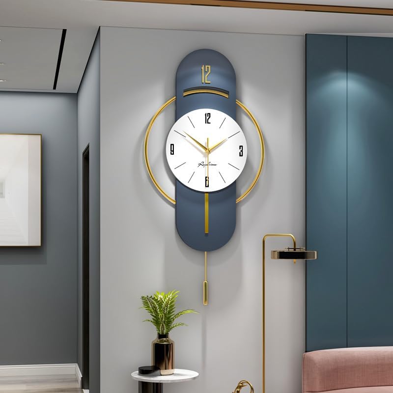 Image of Luxury European Home Decoration Creative Personality Crystal Art Metal Blue Wall Clock for Living Room Analog (Antique, 62 * 37 * 6.8 cm)