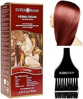 Surya Brasil All Natural HENNA Hair Color CREAM Plant Extracts, Semi-Permanent for Grey Coverage (with Brush) Brazil (COPPER)