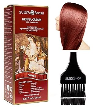 Surya Brasil All Natural HENNA Hair Color CREAM Plant Extracts, Semi-Permanent for Grey Coverage with Brush Brazil COPPER