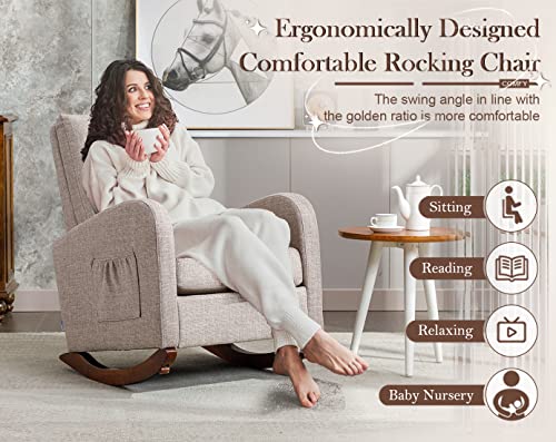 Modern Accent Rocking Chair, Upholstered Nursery Glider Rocker For Baby, Comfy Armchair With Side Pocket, Living Room Lounge Arm Chair, High Backrest With Decorative Buttons, Linen Fabric (Camel) #TOP5