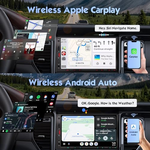 [DSP Inside] Wireless Double Din Car Stereo, Wireless Apple Carplay Android Auto, 7 Inch Touchscreen Radio with 240W Enhanced DSP Sound, FM/AM/Bluetooth Handsfree, HD Waterproof Backup Camera - Thumbnail 2