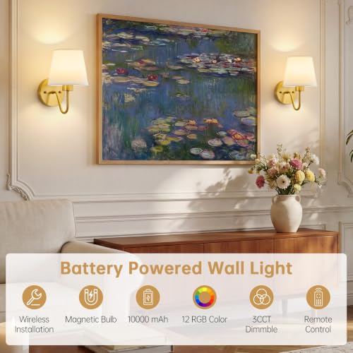 Image of Lightania Battery Operated Wall Sconces Set of 2, Gold Rechargeable Wall Lights with 10000mAh Dimmable Bulbs & Remote Control, 15 Colors Wireless Wall Lamps for Bedroom Living Room Hallway Decor