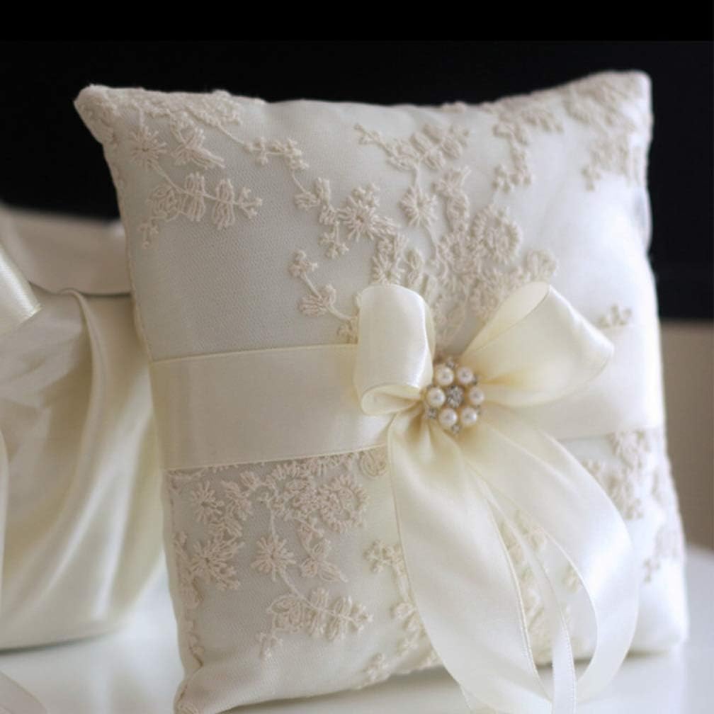 Pearls Wedding Ring Bearer Pillows with Ribbon Ivory Lace Cushion Bearer