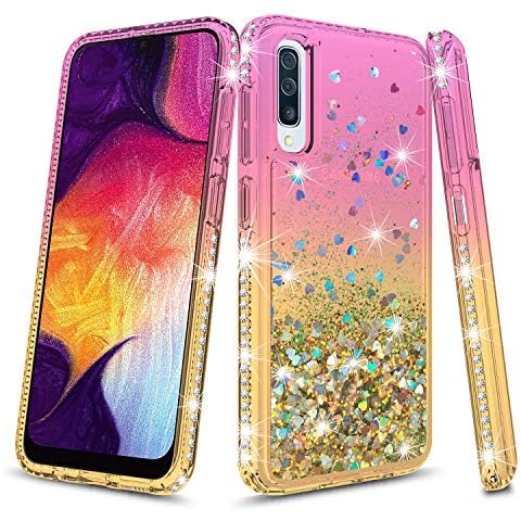 Samsung Galaxy A50 Case, Rosebono Quicksand Glitter Sparkly Rhinestone Liquid Colorful TPU Bumper Protective Cover for Samsung Galaxy A50 (Gold/Pink) Cover