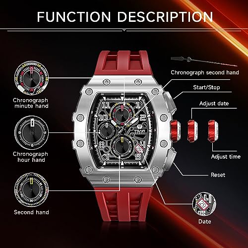Image of TSAR BOMBA Mens Luxury Watch Watches for Men 50M Waterproof Japanese Quartz Movement Tonneau Stainless Steel Case Sapphire Glass with Chronograph Date Function Cool Unique Fashion Gift