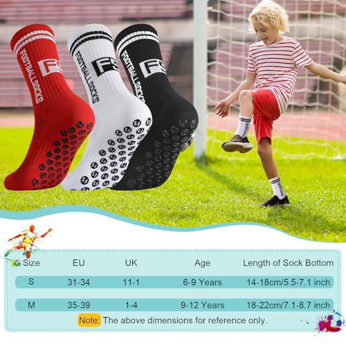 Apricitie 3 Paare Fussball Socken Kinder Fußballsocken Anti Rutsch Grip Jungen Fußball Socken Rutschfeste Sportsocken für Fussball Basketball Laufen Rugby Tennis(M, Weiß+Schwarz+Rot)