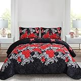 Yiran Floral Quilt Set Queen Size Elegant Red Rose Bedding Bedspreads 3 Pieces Lightweight Microfiber Coverlet Sets with 2 Pillow Shams for All Season (90'x96')