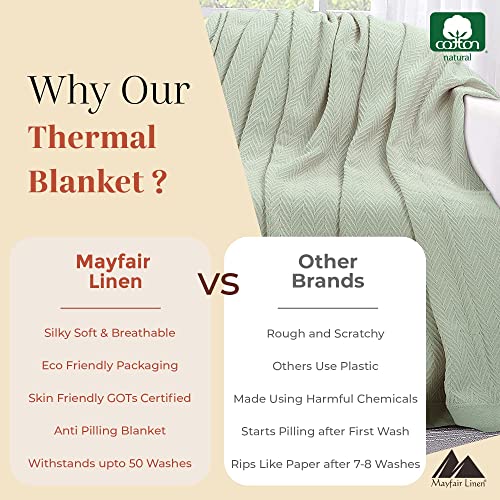 Mayfair Linen Knitted Geometric Herringbone Pattern Handwoven Blanket 100% Long Staple Cotton - Soft & Cozy Thermal All Season Throw For Bed Couch Chair Outdoors (Full/Queen, Sage Green) #TOP2