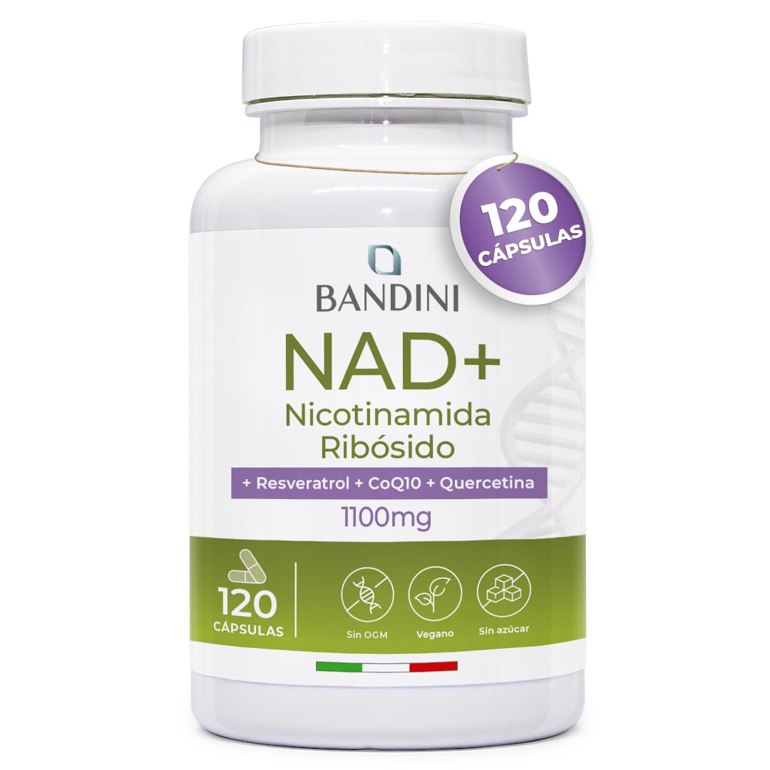 Bandini® NAD+ Liposomal 1100 mg | 120 Cápsulas Veganas | Con Cloruro de Ribósido de Nicotinamida, Quercetina, Resveratrol, Coenzima Q10 | Antienvejecimiento, Energía Celular, Sin OMG