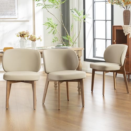 Image of YOUNIKE Dining Chairs Set of 3 Kitchen Dining Room Chairs Modern Khaki | Faux Leather Upholstered Armless Side Accent Chair with Back 20.1 inch Wide Padded Seat Wooden Legs for Living Room Bedroom
