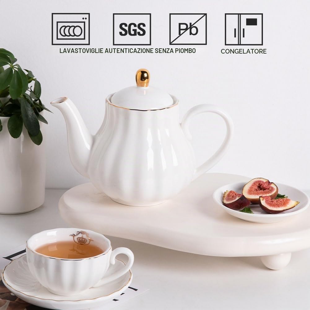 Sweejar Home Royal Teiera, teiera in ceramica con infusore rimovibile in acciaio inox, teiera con fiori e foglie sciolte - (5-6 tazze) 1100 ml (bianco)