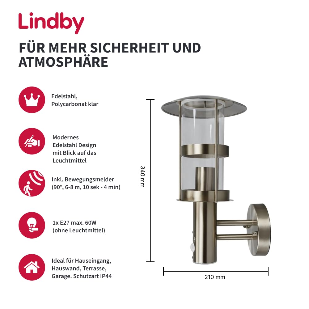 Lindby Edelstahl Wandlampe aussen mit Bewegungsmelder, IP44 Wandleuchte silber Außenbeleuchtung Wand Hof Garten Terrasse Balkon Aussenleuchte