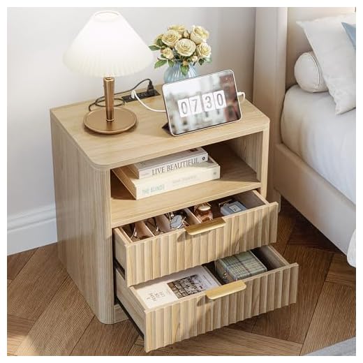 Modern Fluted Nightstand Set with Charging Station