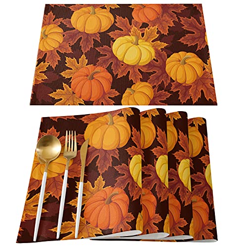 Fall Placemats Set Of 6,Cotton Linen Heat Resistant Thanksgiving Table Mats Washable Farmhouse Harvest Pumpkin Maple Leaves It's Fall Y'all Placemat For Holiday Banquet Dining Kitchen Table Decor #TOP9