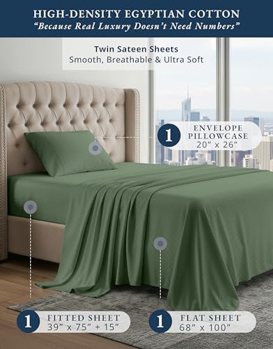 Image of LANE LINEN White Twin Sheets 100% Egyptian Cotton Sateen - Iceberg Green | Twin Size Sheet Set - 3-Piece Set, Ideal For Dorms And Guest Beds, Long-Staple Egyptian Cotton, Guest-Ready Comfort