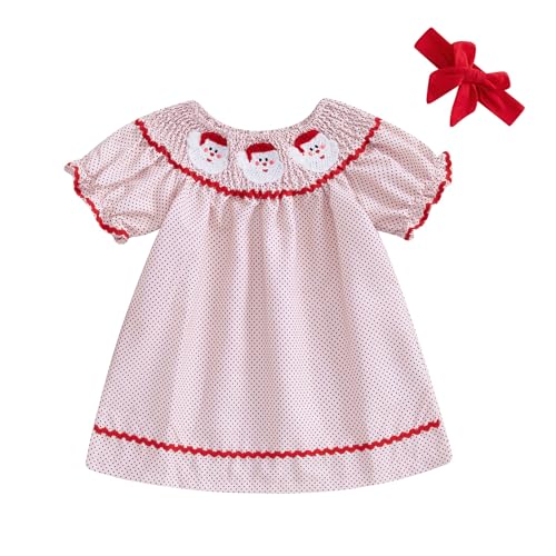Toddler Girl Christmas Dress Frill Trim Neck Puff Sleeve Santa Embroidery A-Line Plaid Smocked Dress Vintage Dress