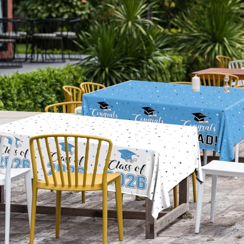 Image of 2026 Graduation Decorations,Congrats Grad Tablecloth 2pcs White Teal Class of 2026 Table Covers Rectangle for Graduation Party Supplies,108x54inch (Sky Blue)