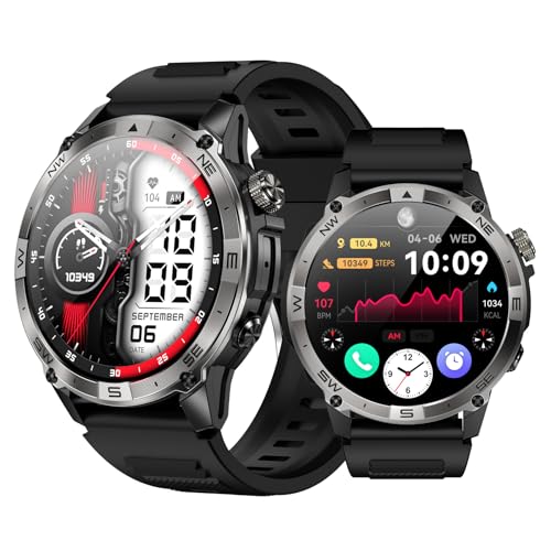 JUSUTEK 2025 新登場 内蔵GPS アウトドアスポーツスマートウォッチ通話機能付き,1.43インチAMOLED金属腕時計,軍用規格,破壊防止,IP68防水,羅針盤,海抜高度計,気圧計,万歩計,300+文字盤自由設定,長時間使用可能,Bluetoo
