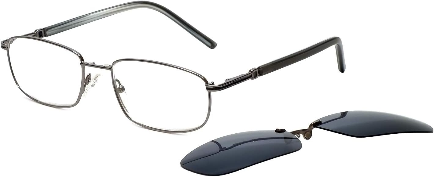 Calabria 882 Designer Rectangular Metal Reading Glasses w/Polarized Magnetic Sunglass Clip On Lens Men Women Tinted Readers