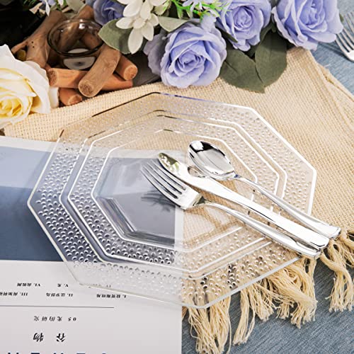 Wellife 150 Pcs Silver Plastic Plates With Silverware, Clear Disposable Plastic Dinnerware, Unique Silver Rims Design, Includes: 30 Dinner Plates, 30 Dessert Plates, 30 Cutlery For Weddings #TOP1