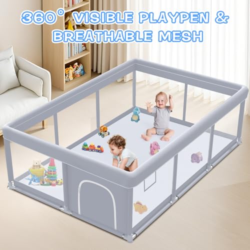 Image of XVISHX Baby Playpen 74 x 50 Inch Play Pen Playards, Playpen for Babies and Toddlers, Baby Playard for Indoor & Outdoor Active Center Game Fence, with Skin-Friendly Fabric and Soft Breathable Mesh Grey