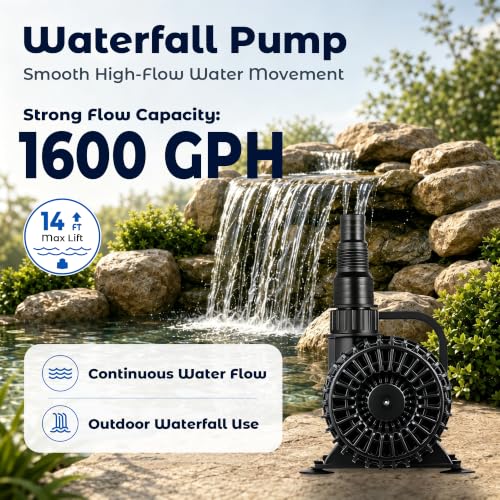 Image of TONGCHANT Pond Pump for Fish Pond Fountain & Waterfall, 1600 GPH 14FT Lift | 100W submersible water pump, ultra quiet motor, 180 rotatable outlet, filter bag, 20FT cord, UL listed, black