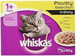 Whiskas 1+ Cat Wet Food in Pouch for Adult Cats, Poultry Selection in Gravy, 12x 100g