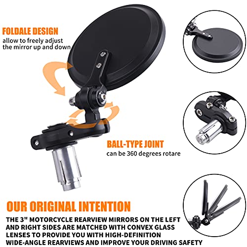 Oraevy Universal Motorcycle Mirrors - 3 Inch Round 7/8" Bar Folding Bar End Side Mirror Compatible With Ebike Honda Scooter Suzuki Yamaha Kawasaki Victory Harley Ducati And More #TOP1
