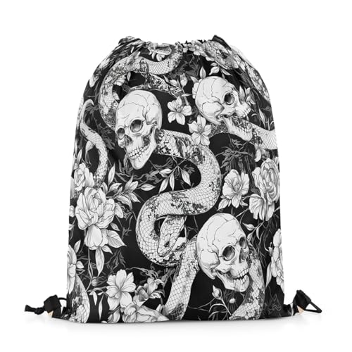 Image of jejeloiu Sugar Skull Drawstring Backpack 13x15.7inch Snake Boho Rose Waterproof Gym Drawstring Bags Goth Art Sports String Backpack Beach Swim Travel Bag Sackpack