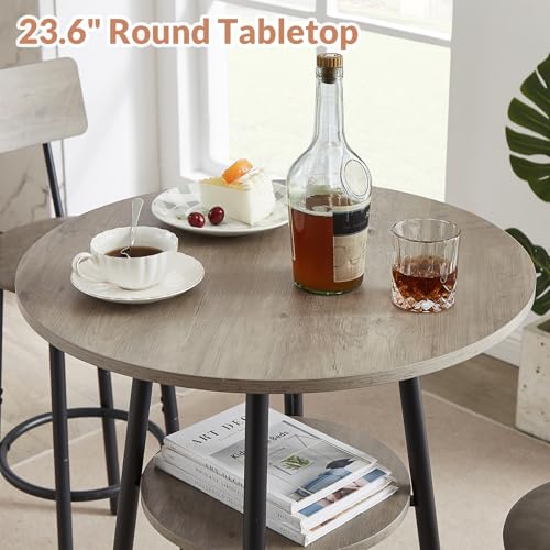 Zevemomo 3 Pieces Round Bar Table Set, Small Dining Table for 2, Breakfast Table with Storage, Modern Kitchen Bar Table, 2 Upholstered Stools with Backrest for Kitchen, Dining Room & Bistro-Grey - Thumbnail 6