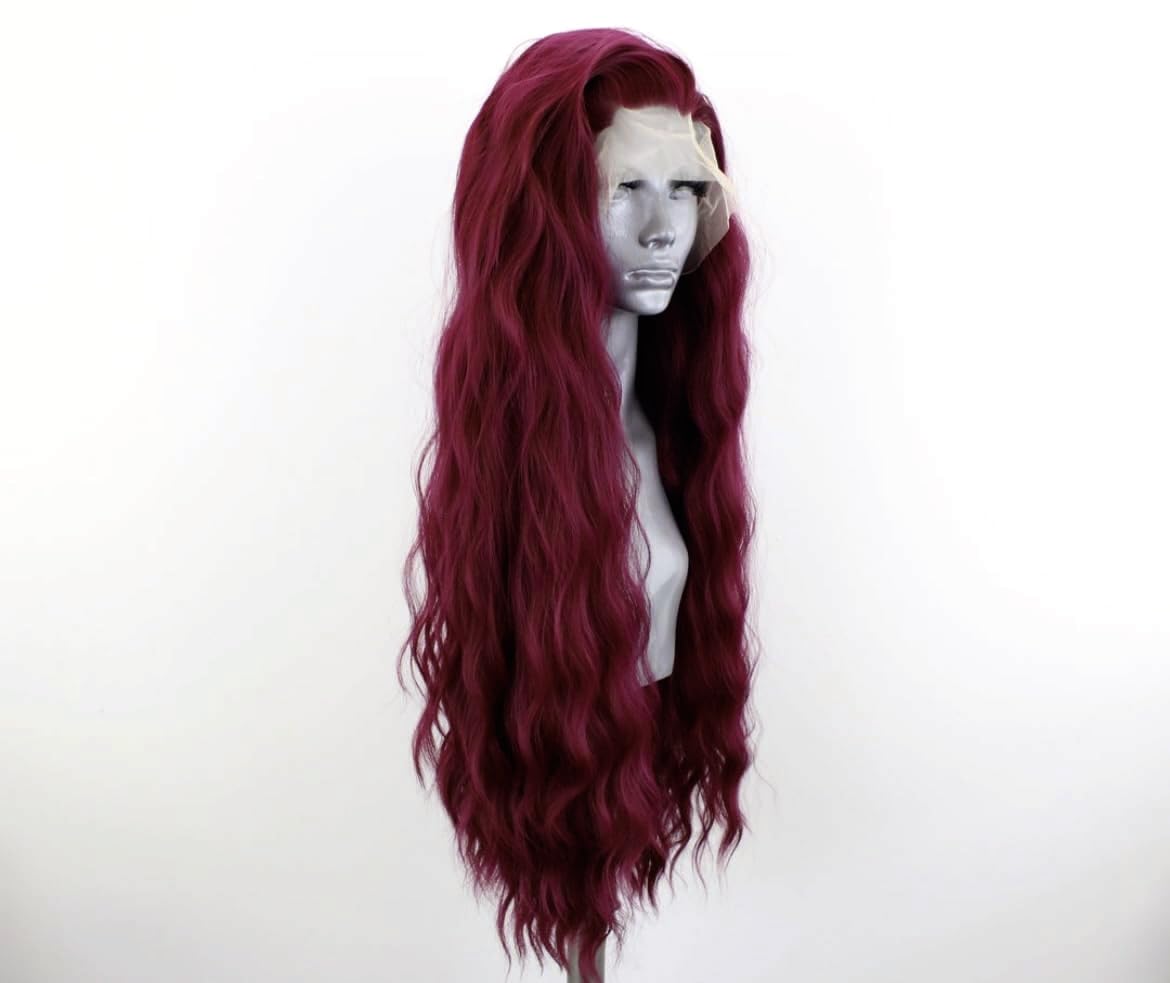 PORSMEER 13x4 Lace Front Wigs for Women Realistic Looking Long Wavy Wig Synthetic Hair Lace Glueless Ladies Wig (Dark Red) - Image 3